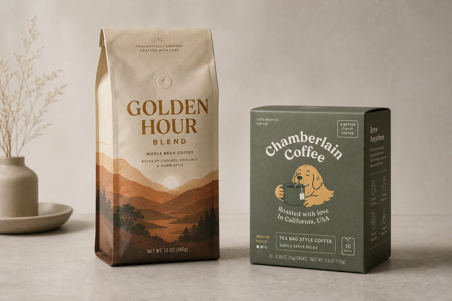 Golden Hour Blend Kaffeebohnen und Chamberlain Coffee Kaffeetüten im direkten Vergleich