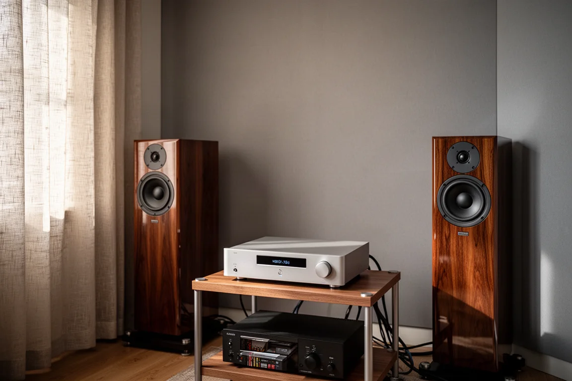 Kompaktowe kolumny ustawione blisko ściany w małym pokoju ze stojakiem hi-fi