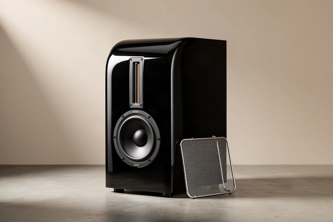 Glossy curved GoldenEar BRX bookshelf speaker with metal grille on a concrete surface