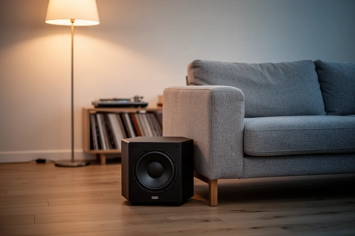 Compacte subwoofer naast een bank in een zacht verlichte woonkamer in de avond