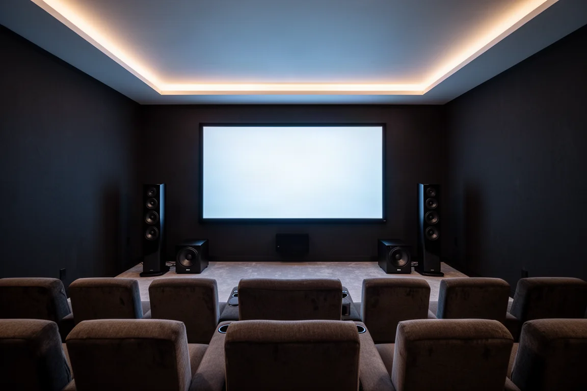 Home theaterruimte bij schemer met de gloed van het scherm en speakers langs de voorwand