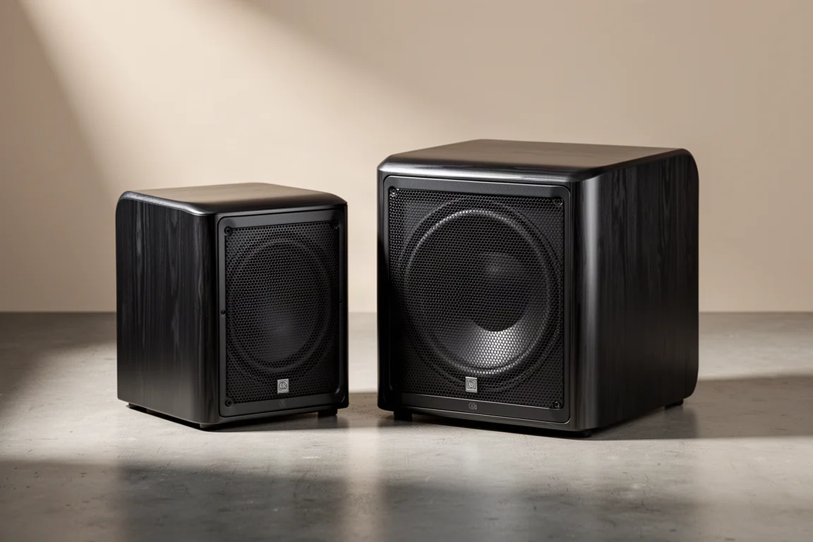 Two compact black GoldenEar subwoofers with curved tops and metal grilles on concrete