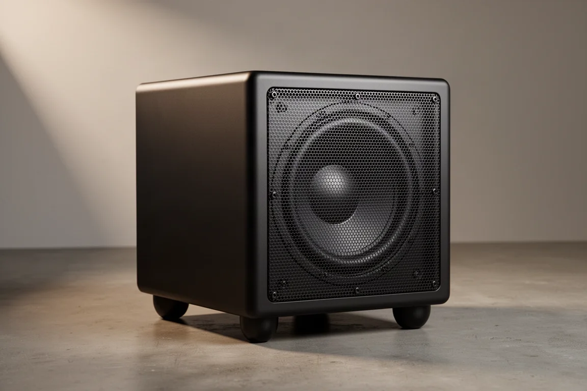 Compact matte black subwoofer with perforated front grille on a concrete floor