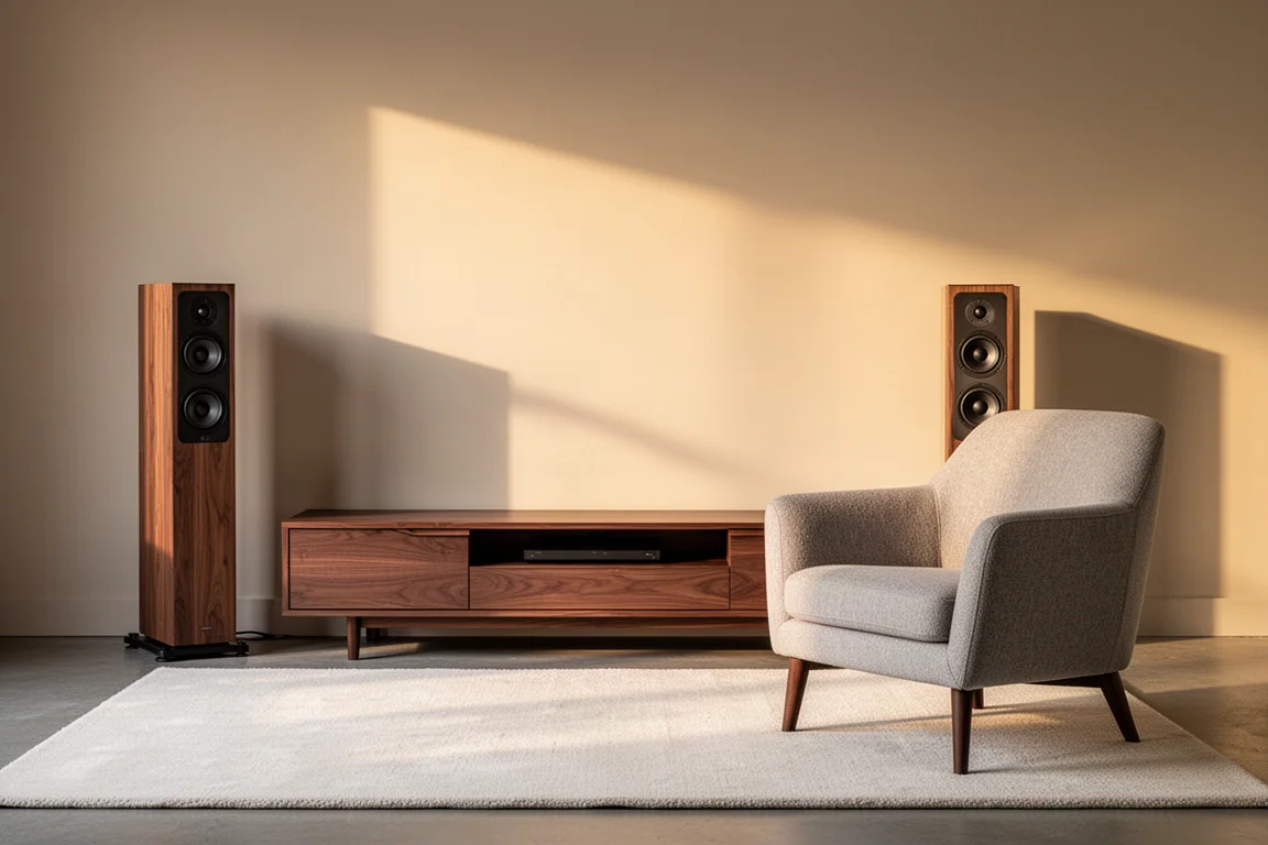 Slim floorstanding speakers flanking a low console in a bright contemporary living room