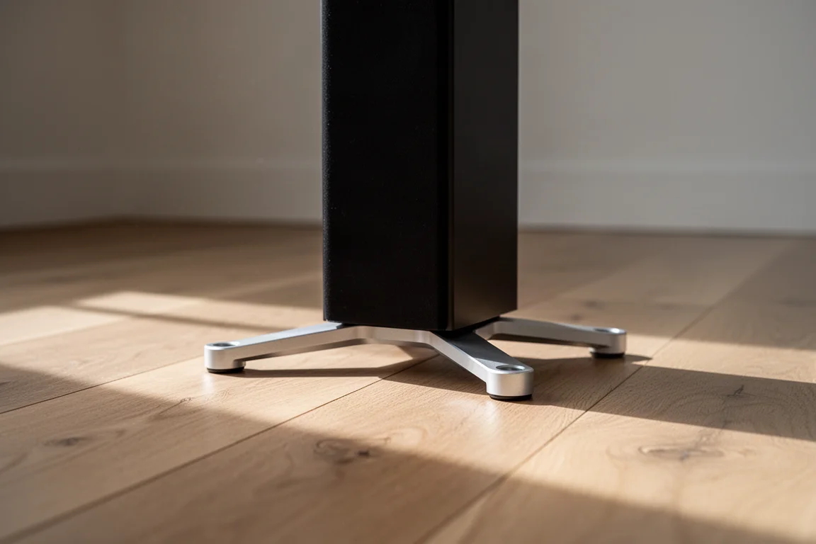 Close-up of a tower speaker outrigger base resting on a light oak floor