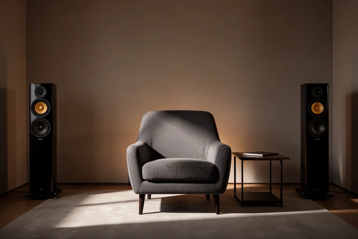 Listening chair in the sweet spot of a softly lit two-channel audio room