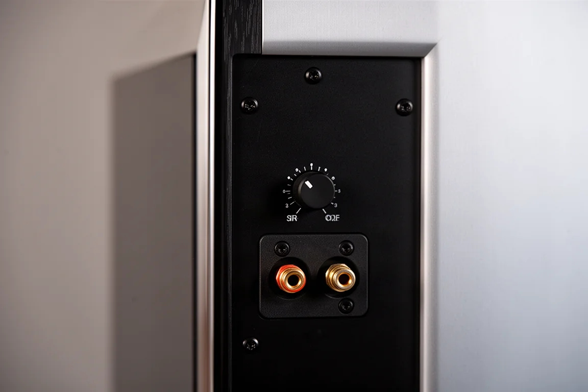 Rear panel of a tower speaker with a rotary bass gain control and binding posts