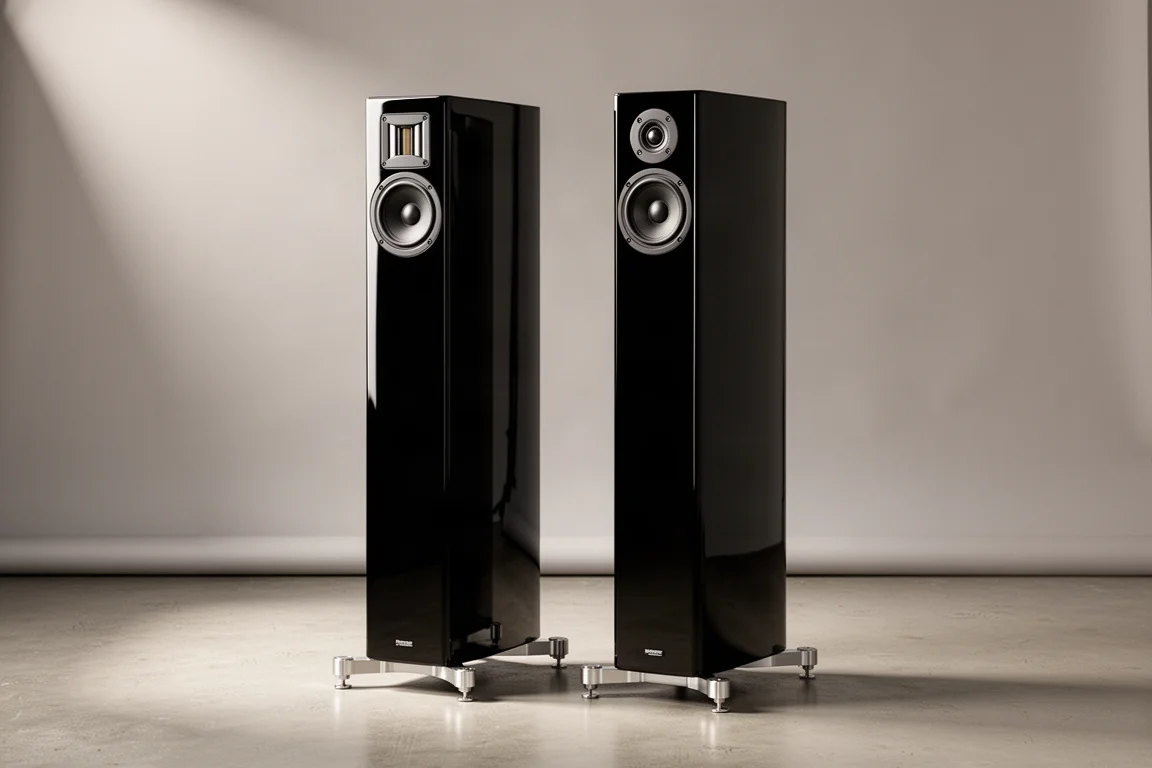 Pair of slim black floorstanding tower speakers on outrigger bases against a grey backdrop