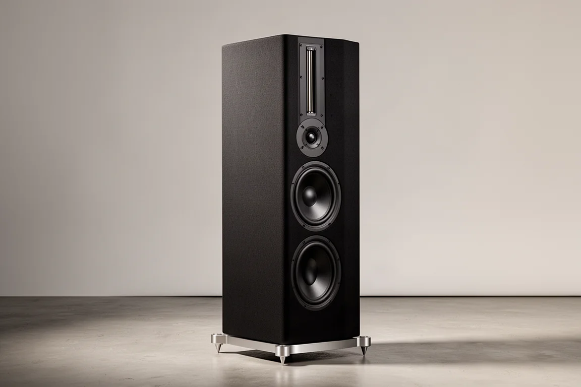 Slim matte black floorstanding speaker on a concrete floor against a grey backdrop