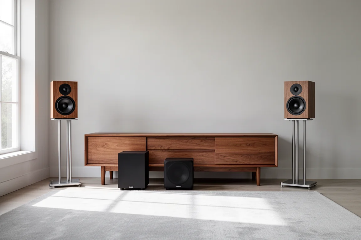 Hörraum mit Kompaktlautsprechern auf Stativen und einem kompakten Subwoofer auf dem Boden