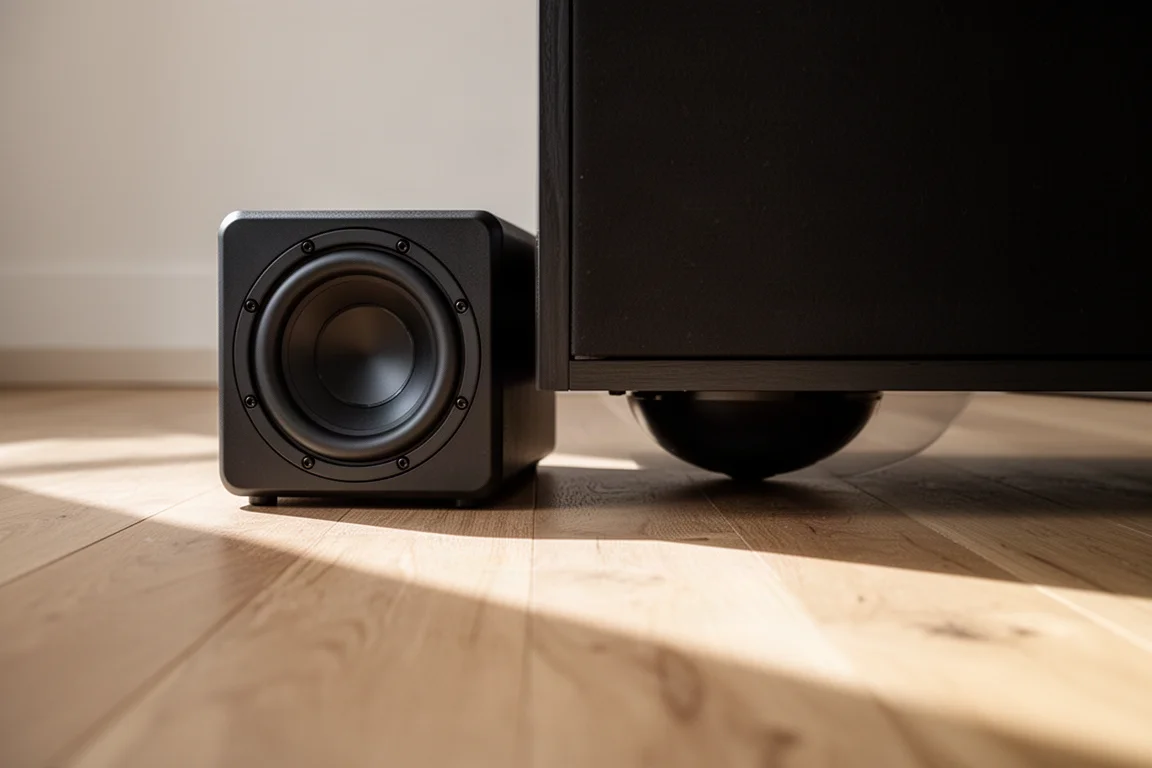 Untersicht eines kompakten Subwoofers auf einem Eichenboden mit Tageslicht auf den Dielen