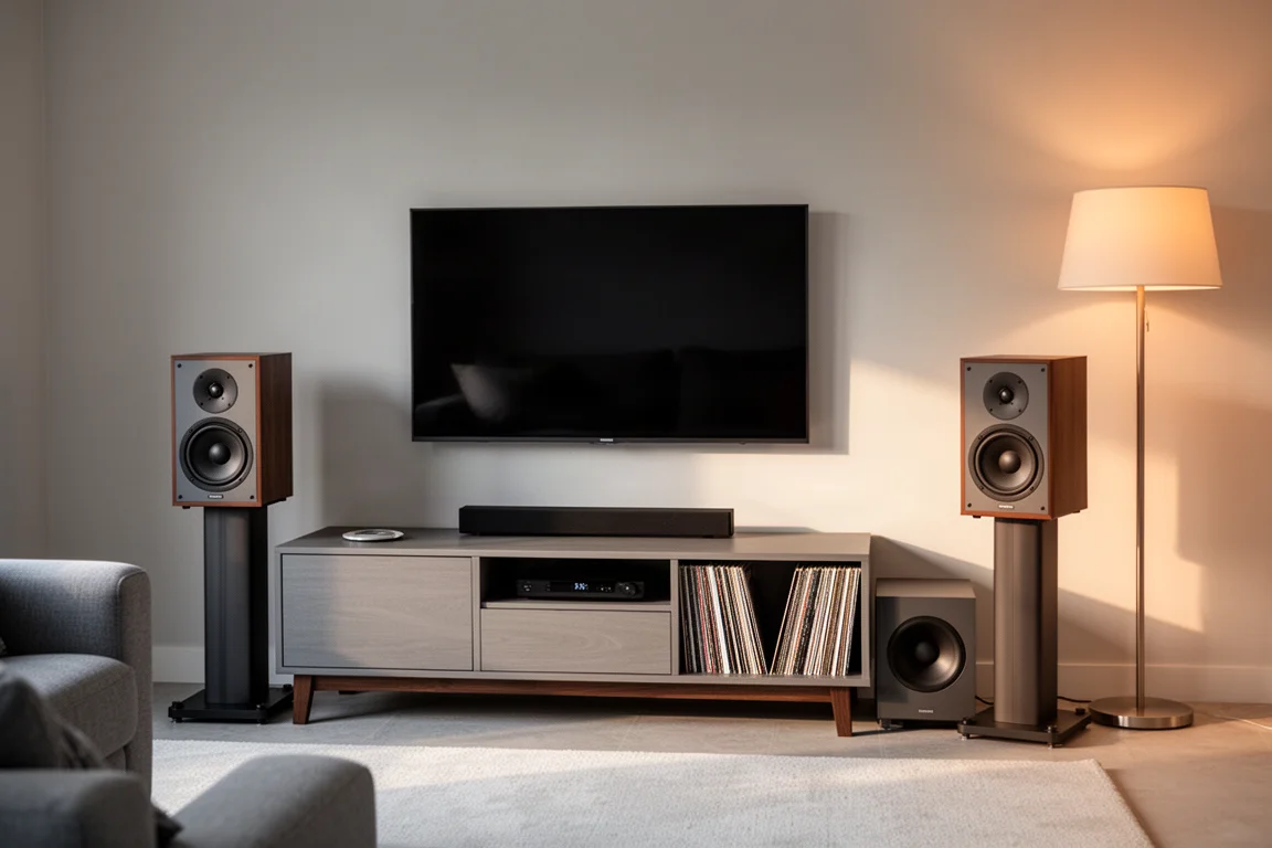 Wohnzimmer mit Lautsprechern, Fernseher und Schallplattenregal für Musik- und Filmgenuss