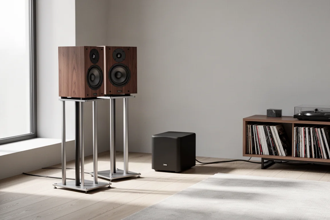 Standmount speakers on stands with a compact subwoofer in a modern listening room