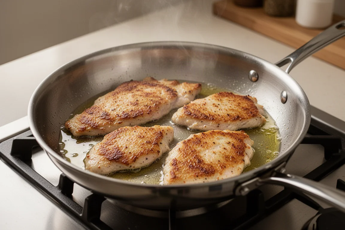 Fettine di pollo dorato che rosolano in una padella in acciaio inox