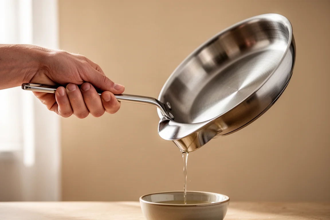 Una persona inclina una padella in acciaio inox per il manico curvo per versare un liquido