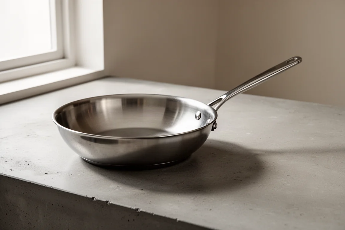 Polished stainless steel 12-inch skillet on a concrete kitchen counter