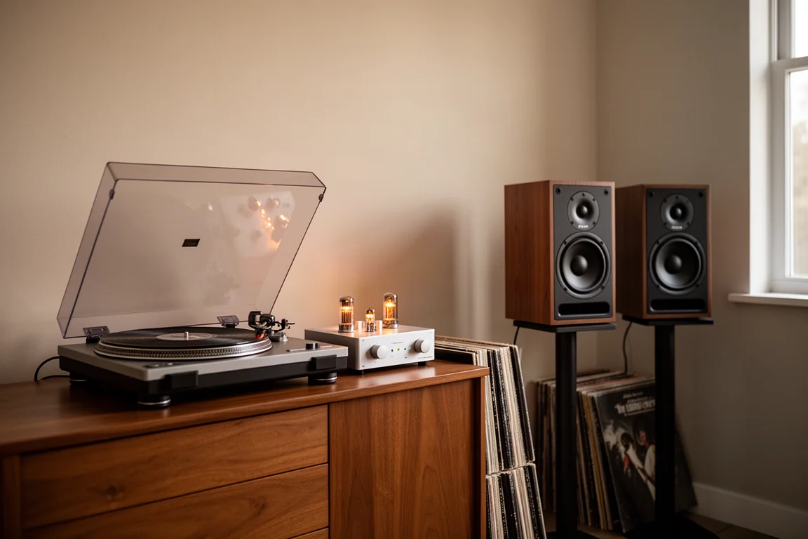 Bescheidene Hi-Fi-Ecke mit Plattenspieler, Röhren-Phonovorverstärker, Regallautsprechern und Vinyl
