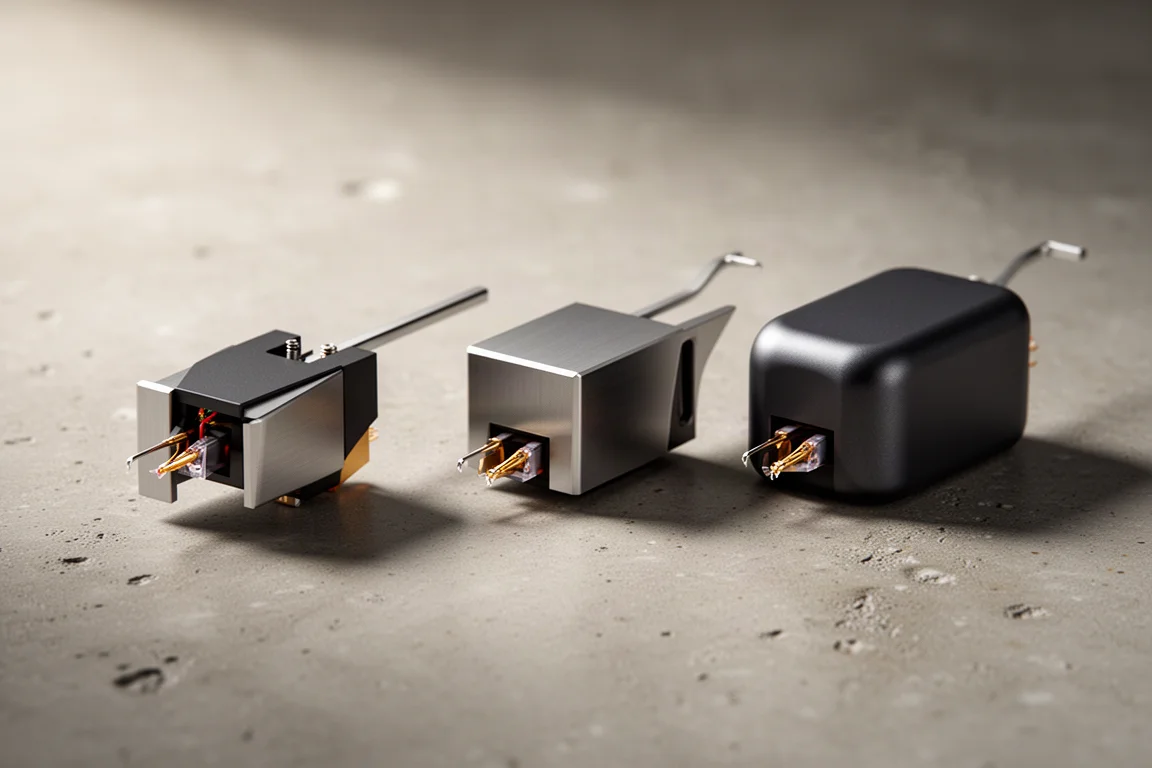 Three phono cartridges arranged in a row on a matte concrete surface