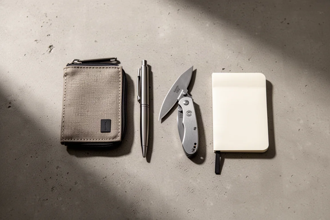 Everyday carry-upplägg med plånbok, penna, liten kniv och anteckningsblock på betong