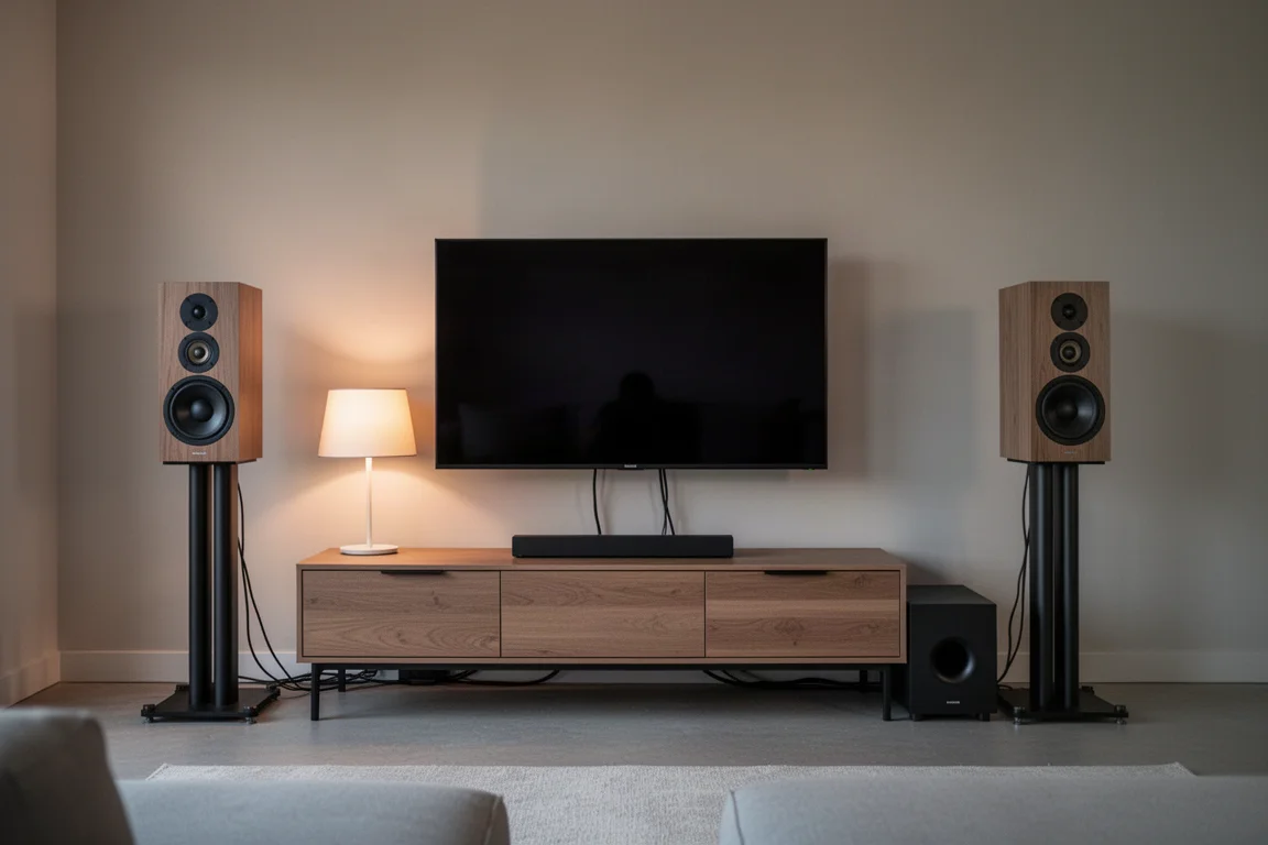 Kolumny stereo po bokach telewizora w salonie okablowanym do pracy dwukanałowej i surround