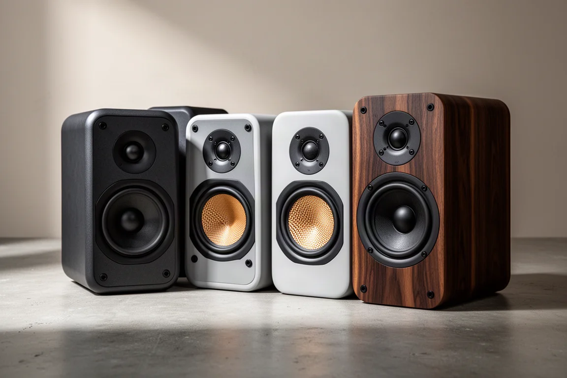Three pairs of compact bookshelf speakers arranged in a row on a concrete surface
