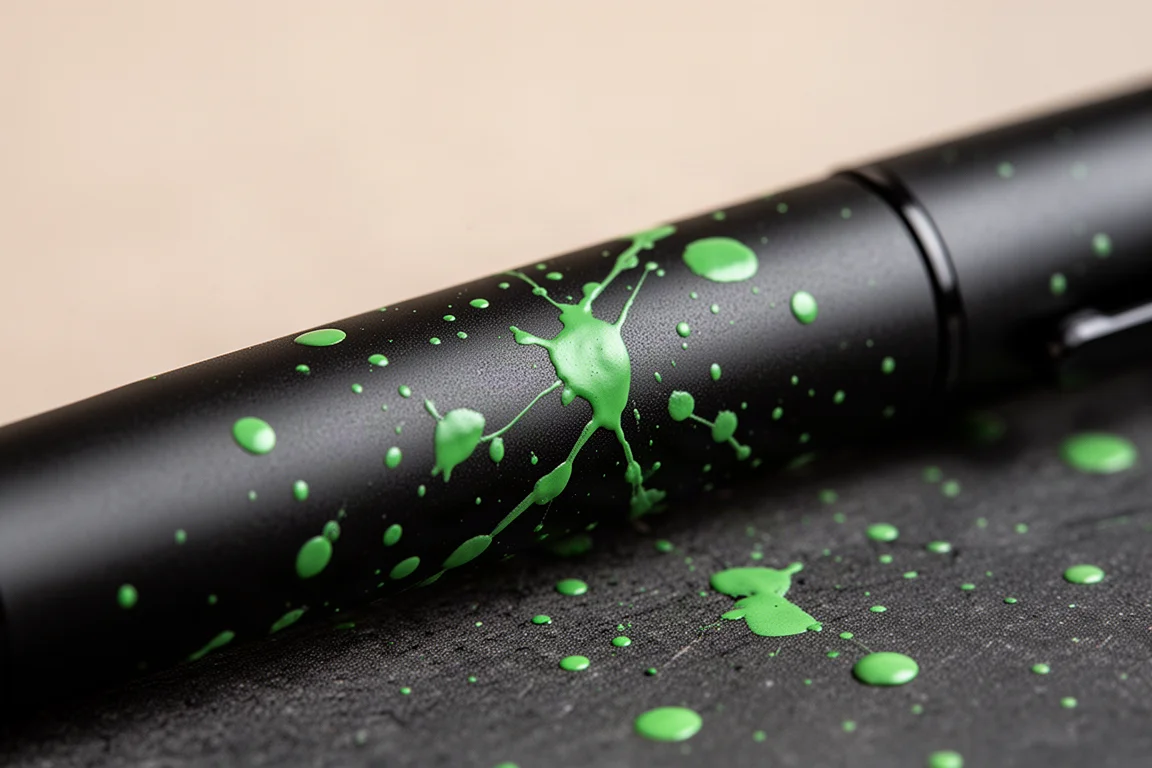 Detal wykończenia Green Splatter na matowej czarnej aluminiowej korpusie stalówki