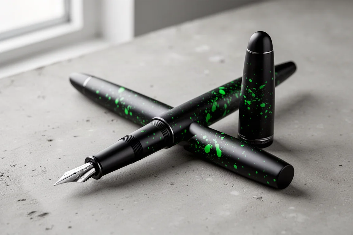 Matte black aluminum fountain pen with green splatter finish lying uncapped on concrete