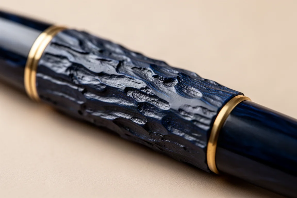 Primer plano de una textura de corteza pulida a mano en el cuerpo azul de una pluma estilográfica de ebonita