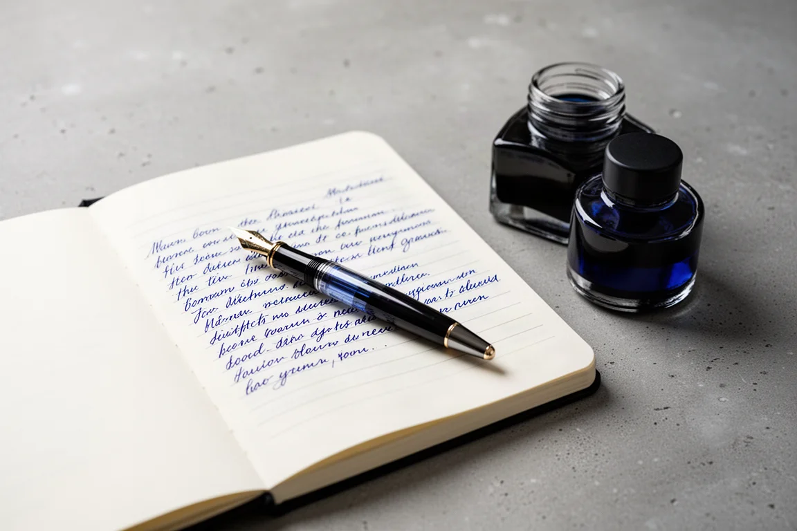 Pluma estilográfica apoyada junto a un cuaderno abierto y un tintero