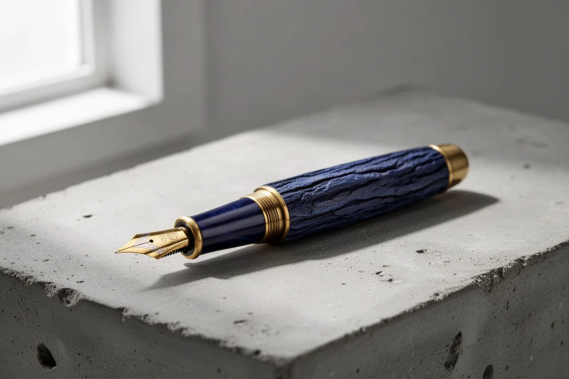 Blue ebonite fountain pen with bark texture and brass accents on a concrete surface
