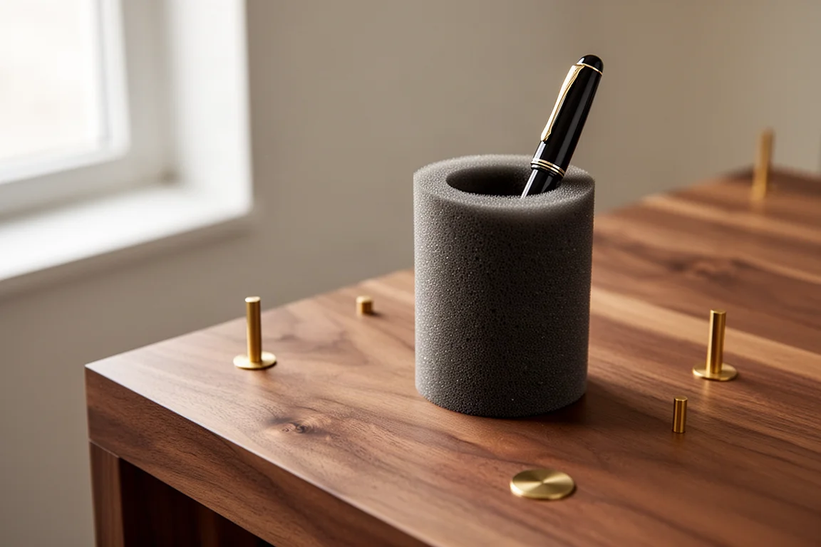 Fountain pen resting in the foam-lined pen holder on the walnut desk surface