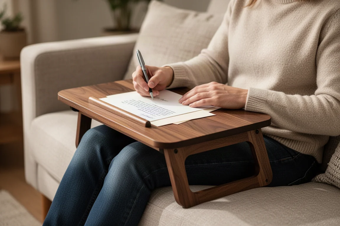 Writer using the portable desk on a lap while seated on a couch