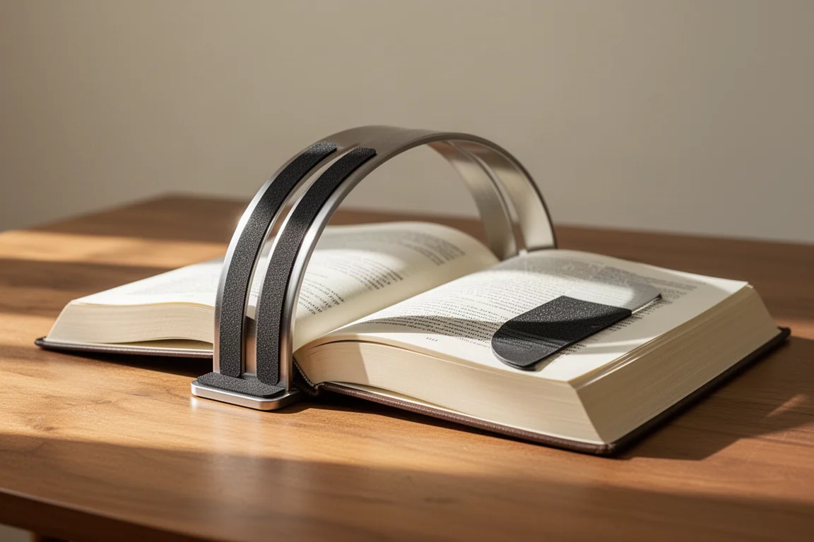 Curved metal book weight holding pages open on a journal