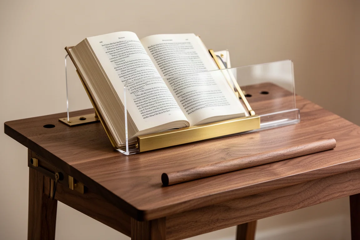 Brass book rest and acrylic page holder supporting a book in the desk