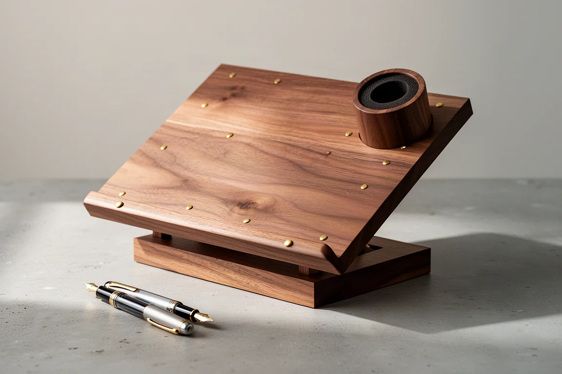 Solid walnut portable writing desk with brass pegs and foam pen holder