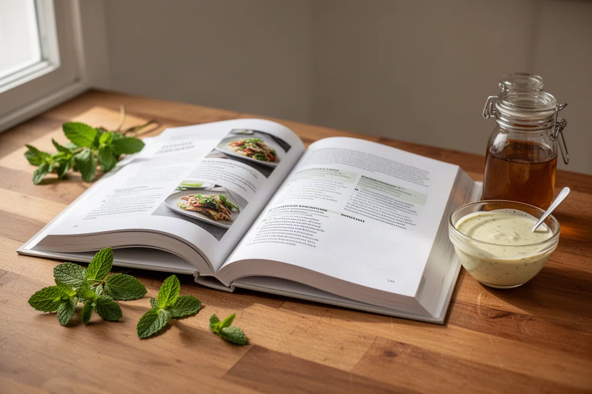 Offenes Kochbuch auf einer Küchenzeile, umgeben von frischen Kräutern und einer Schüssel mit Dressing