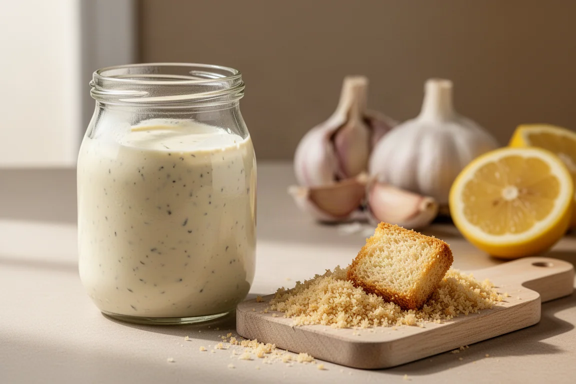 Selbstgemachtes Caesar-Dressing wird mit Panko-Croûtons auf einem Schneidebrett vermischt