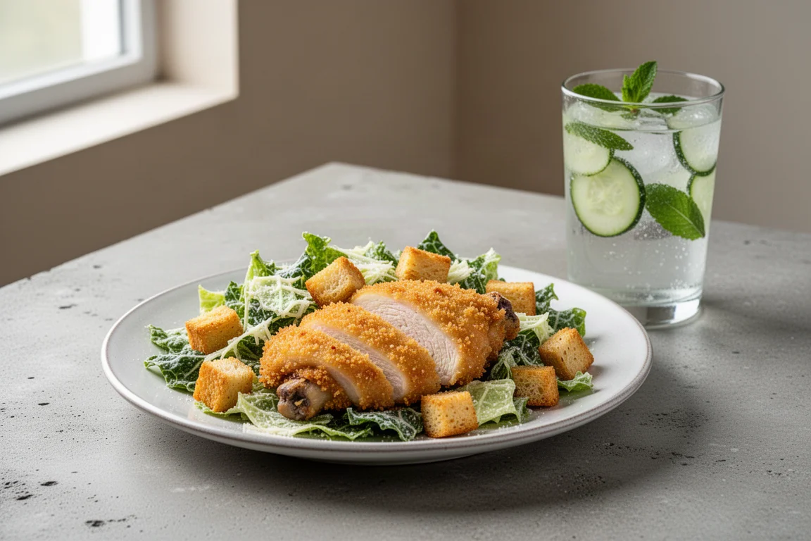 Knuspriges paniertes Hähnchenschenkel-Schnitzel auf grünem Caesar-Salat mit Gurkengetränk