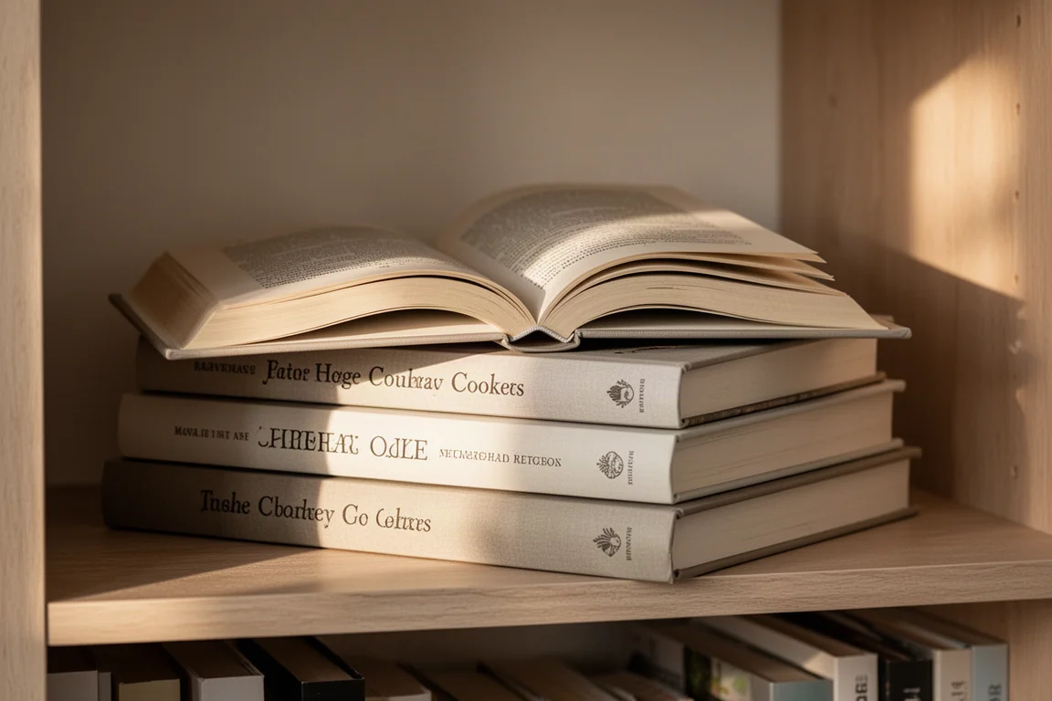 Stapel Kochbücher im Regal, ein Buch auf einer Kapitelseite aufgeschlagen
