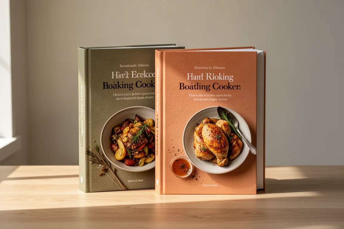 Two hardcover cookbooks standing side by side on a light oak surface