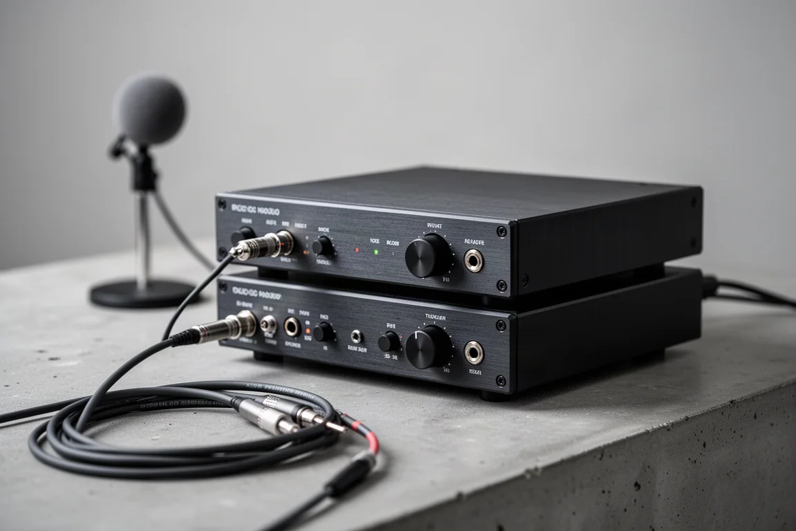 Banco de medición de audio con equipos de prueba de aluminio oscuro y cables enrollados sobre hormigón