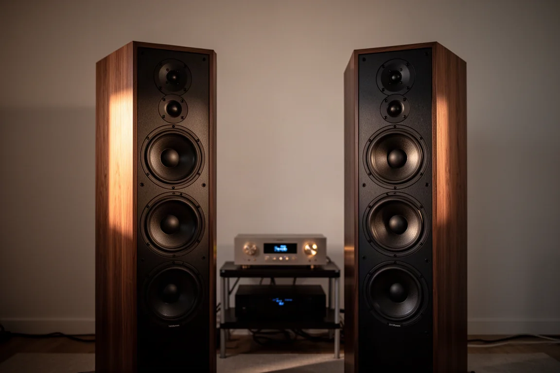 Altavoces de torre en una sala de escucha en penumbra con un amplificador iluminado al fondo