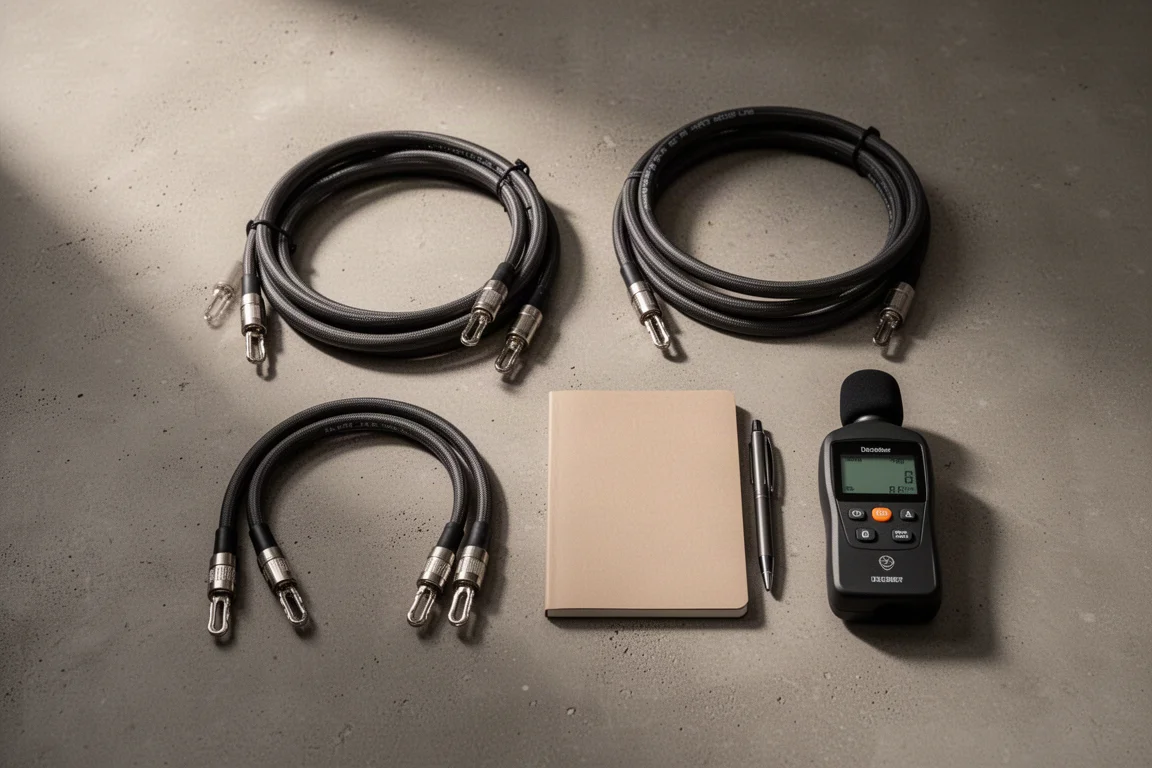 Vista cenital de cables de altavoz, un cuaderno, un bolígrafo y un sonómetro sobre hormigón