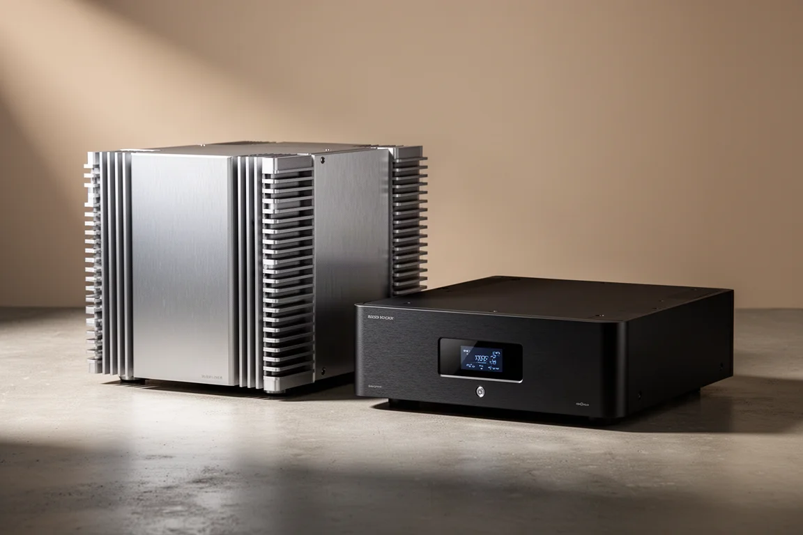Two high-end two-channel power amplifiers on a concrete surface in soft studio light