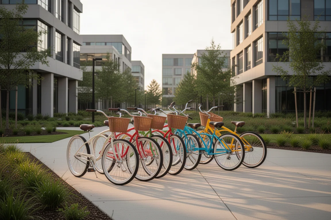 Fila di colorate bici da campus parcheggiate vicino a moderni edifici per uffici
