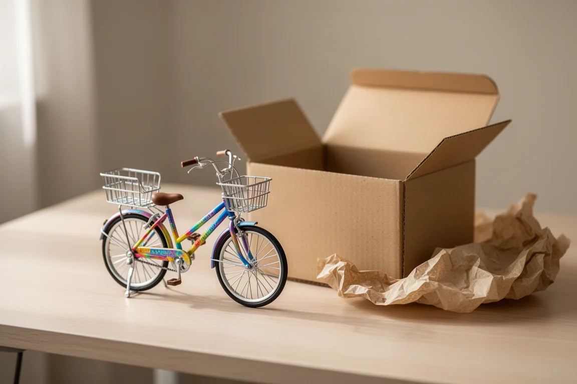 Mini bicicletta compatta con piccolo cestino anteriore su una scrivania accanto a una confezione retail