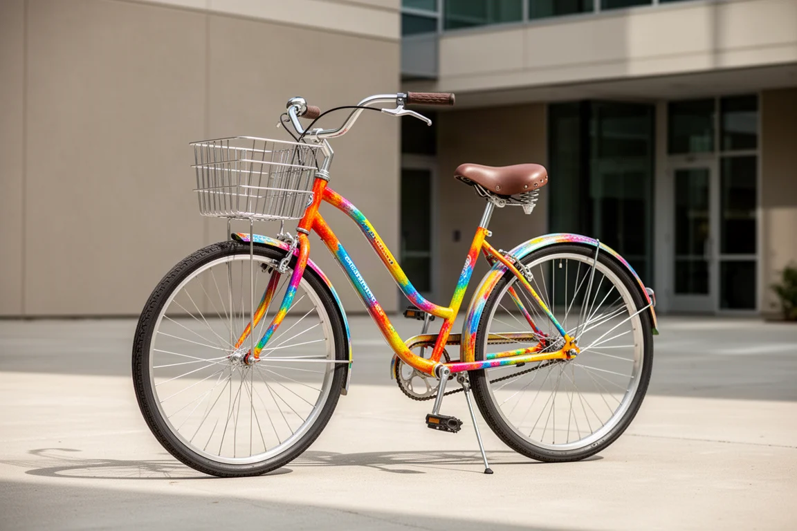 Colorata bici da campus a marcia singola con cestino anteriore su cemento