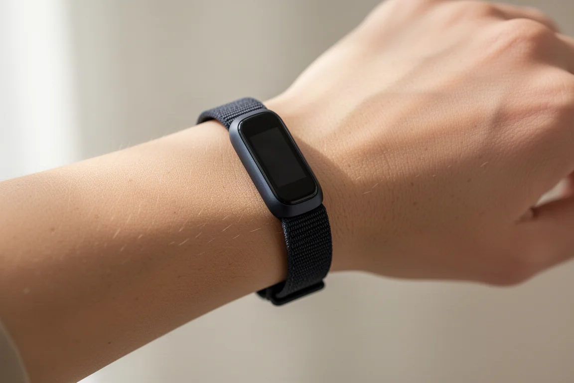 Small screenless tracker worn on a wrist next to a wristwatch for scale