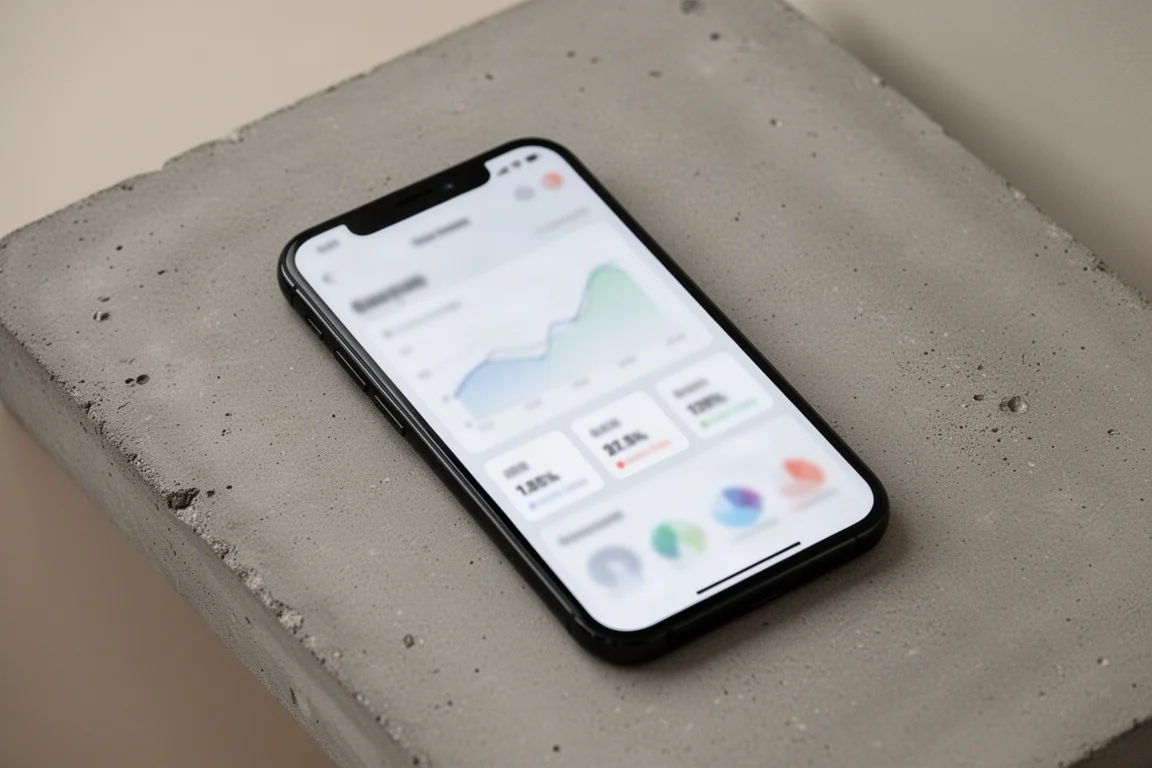 Smartphone showing a health app dashboard with charts and data visualizations