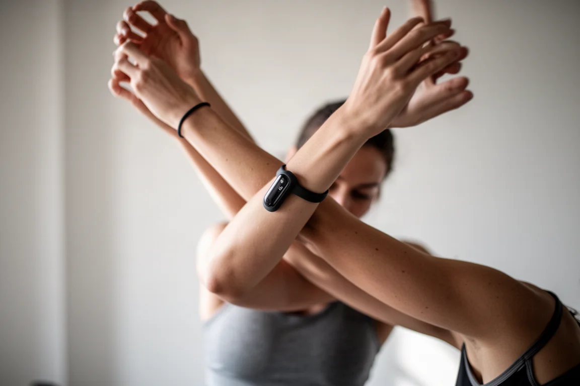 Athlete mid-workout with arms raised, tracker visible on wrist